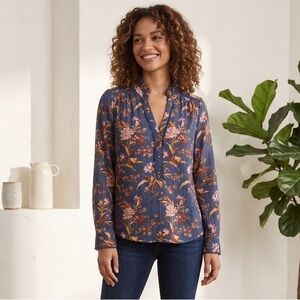 Sundance Blue Floral Pintuck Button-Front Blouse